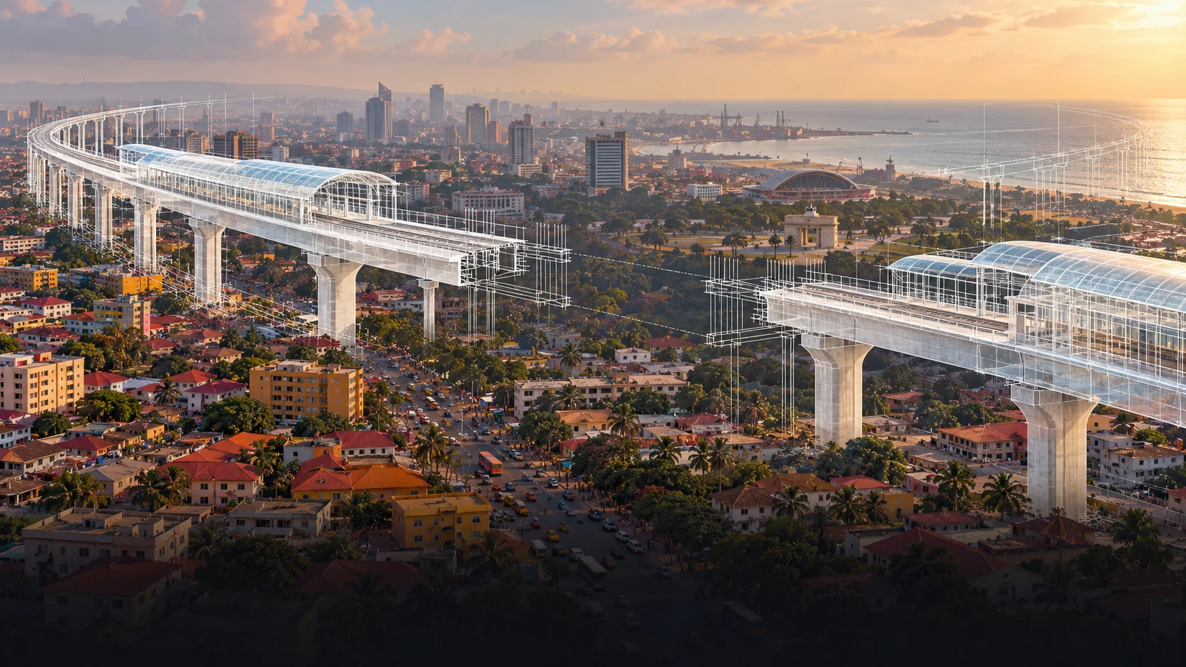 Eine imaginäre Bahntrasse löst sich über einer von Accra inspirierten Stadt in Linien auf: Illustration eines ungebauten Projekts.