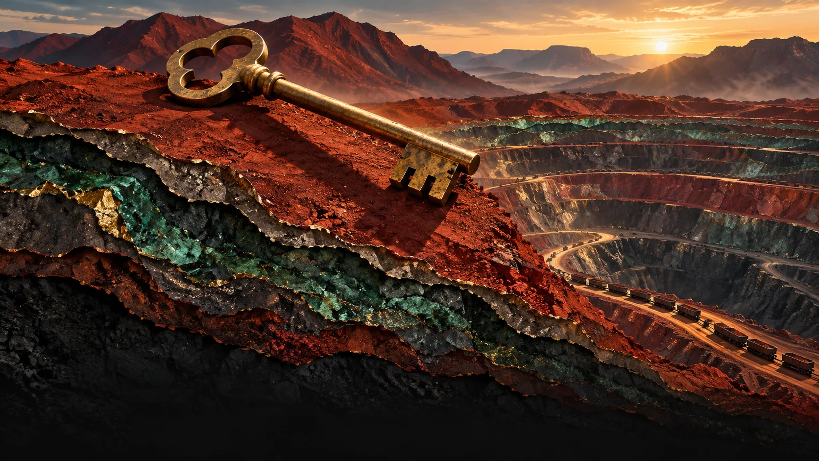 Symbolic editorial illustration of iron-ore mountains and a key representing access to mining rights.