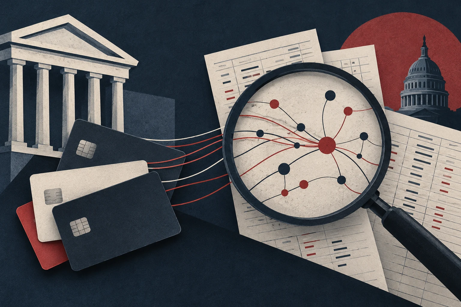 Conceptual illustration of anonymous credit cards, financial ledgers and a magnifying glass