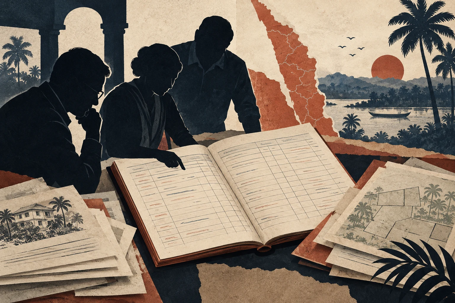 Conceptual illustration of a cooperative loan ledger, property papers and palm silhouettes