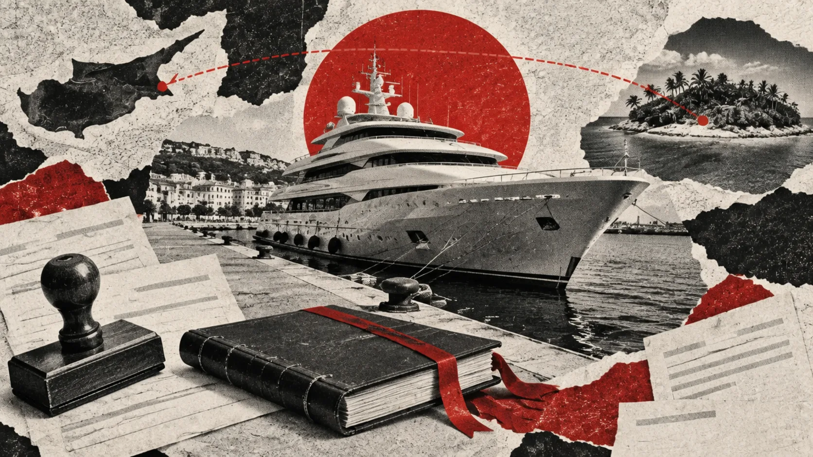 Redaktionelle Illustration: ein Datumsstempel, gebundene Firmenakten und ein rot verschnürtes Bündel auf einem Schreibtisch in einem Büro in Limassol bei Nacht, im Hafen hinter dem Fenster eine Superjacht.