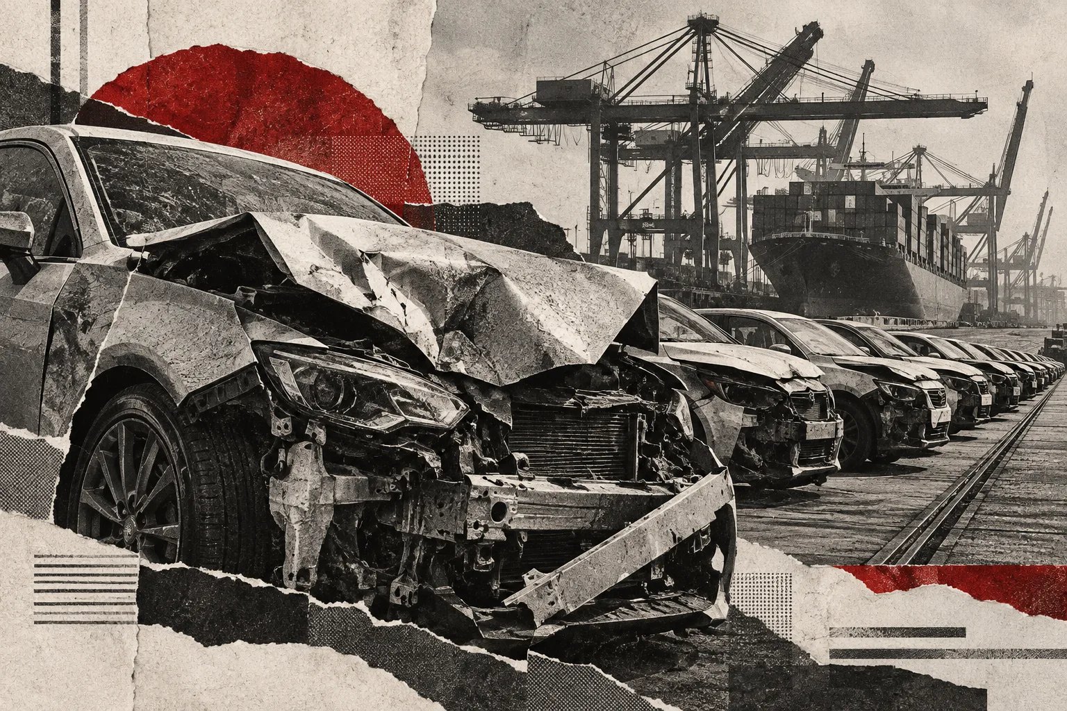 Damaged vehicles beside a shipping terminal