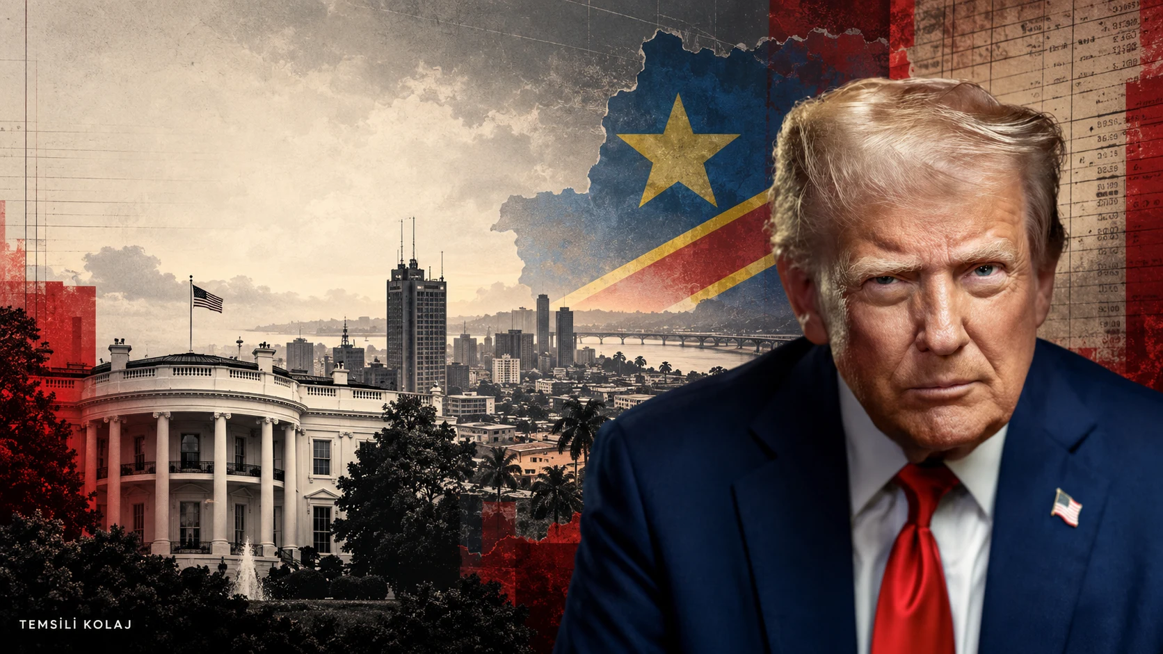 Editorial collage combining Donald Trump’s portrait, the White House, Kinshasa and the flag of the Democratic Republic of the Congo.
