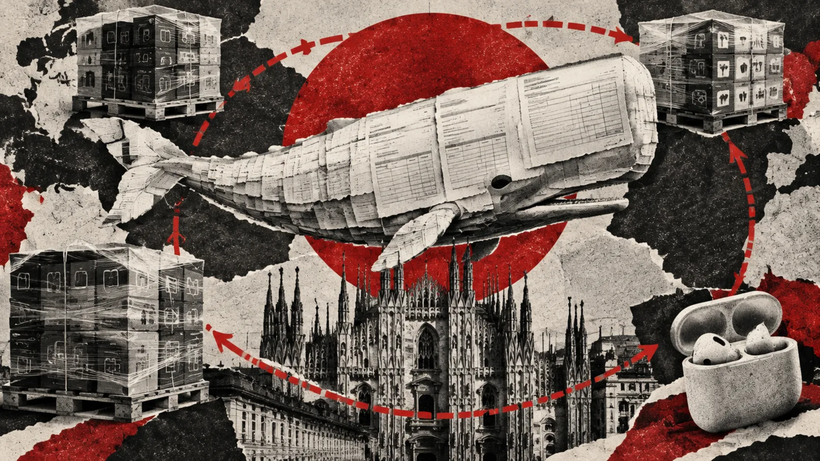 Redaktionelle Illustration: ein halbleeres Elektroniklager bei Mailand in der Dämmerung, auf einem Tisch ein Stapel leerer Rechnungen, beschwert mit kabellosen Ohrhörern und einem Laptop.
