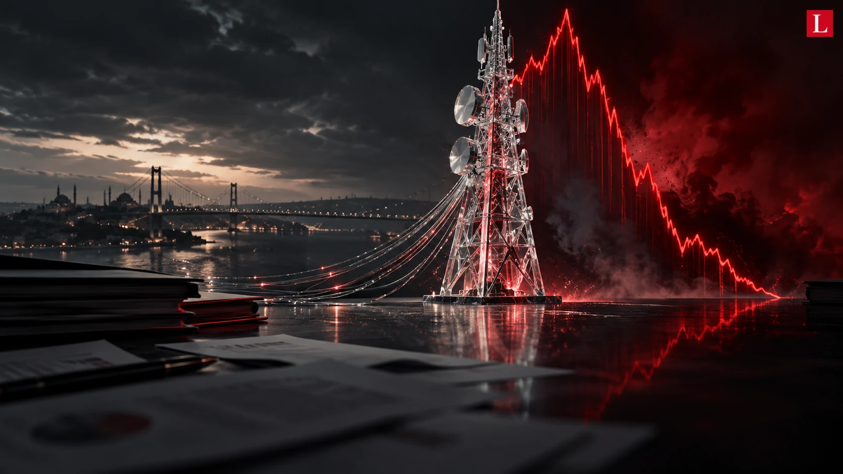 Editorial illustration of a telecom tower and a collapsing market line