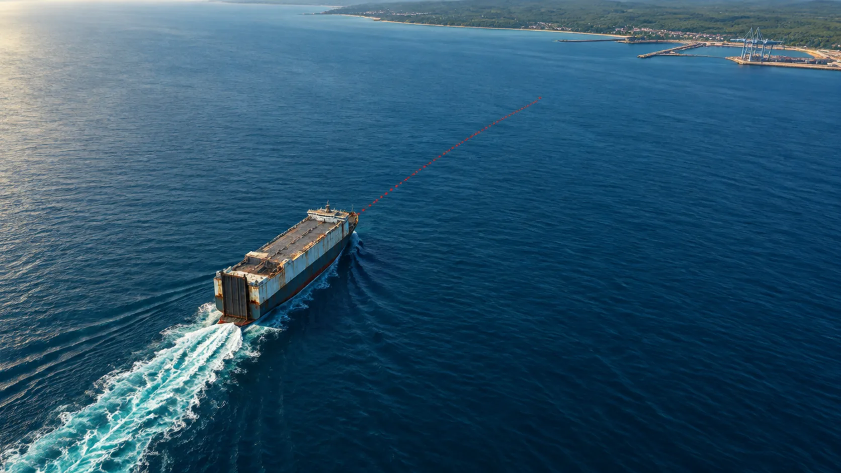 Redaktionelle Illustration: ein Roll-on-Roll-off-Frachter mit planenbedeckten Militärfahrzeugen nachts vor einem westafrikanischen Hafen vor Anker, im Vordergrund leere Passhefte und ein ausgeschalteter Transponder auf einem Kartentisch.