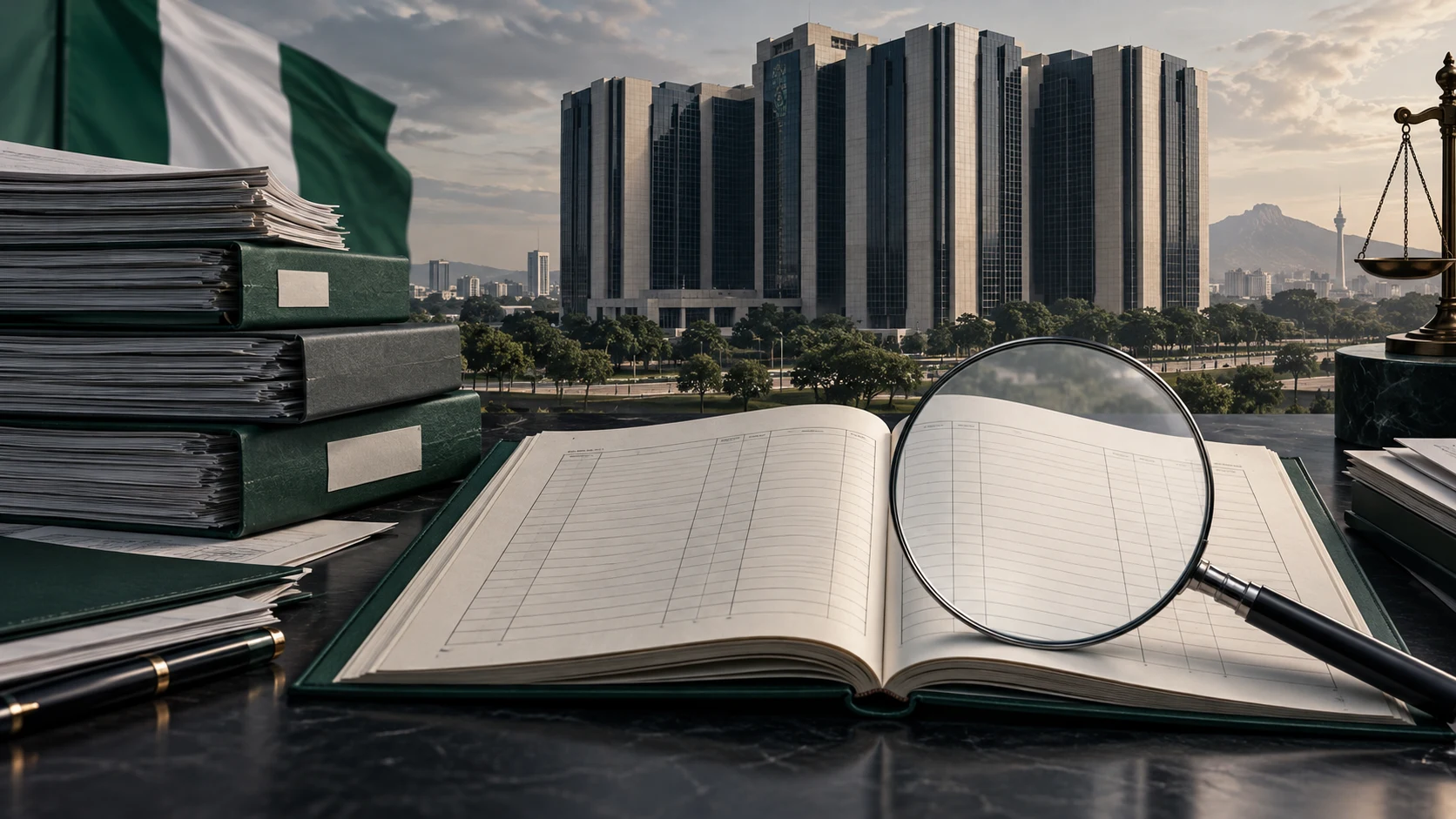 Conceptual illustration of a Nigerian banking building and audit records