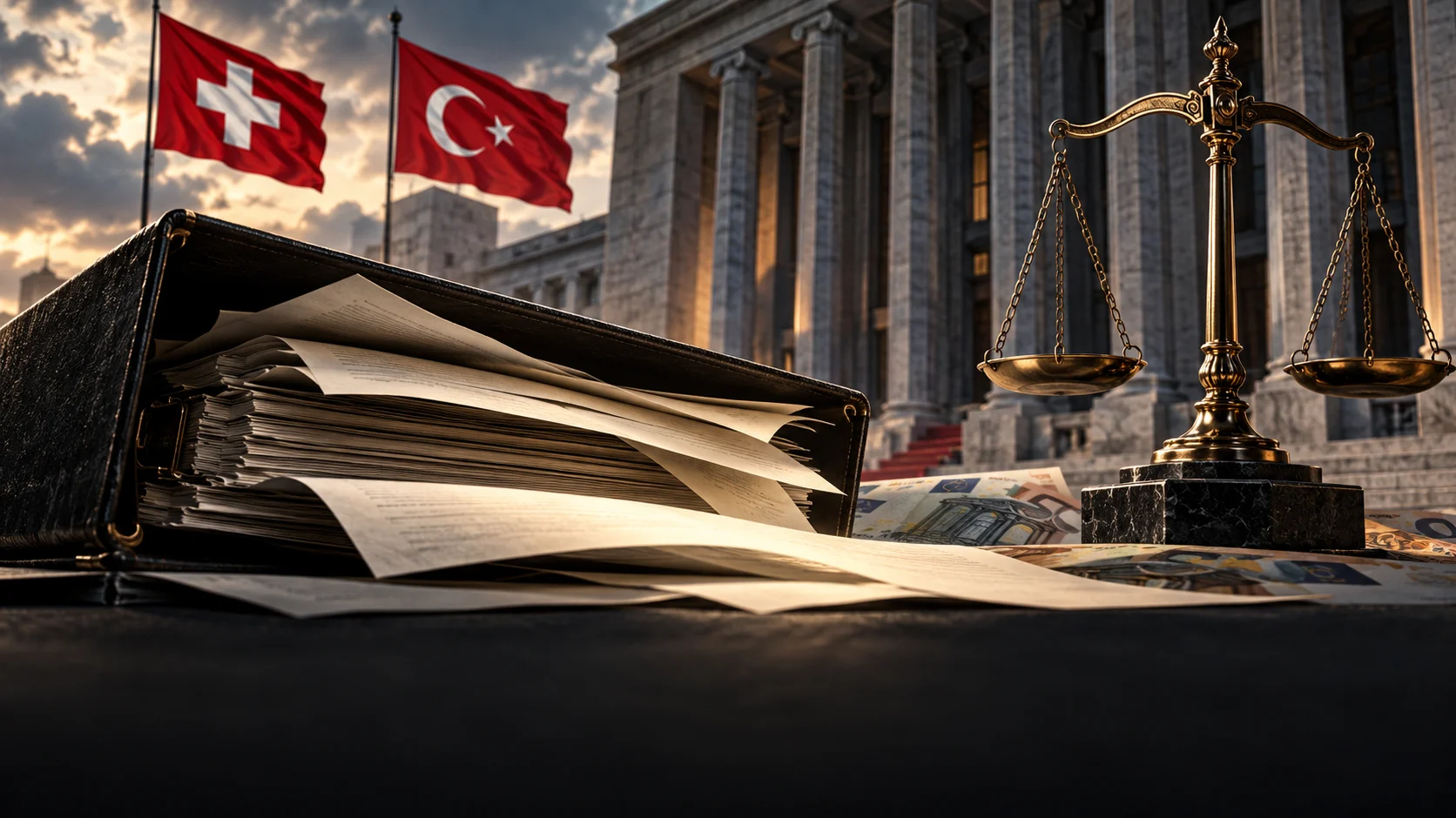 Conceptual illustration of legal files, scales of justice and the Swiss and Turkish flags.
