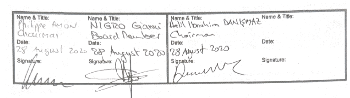 Unaltered signature excerpt from the agreement dated 28 August 2020.