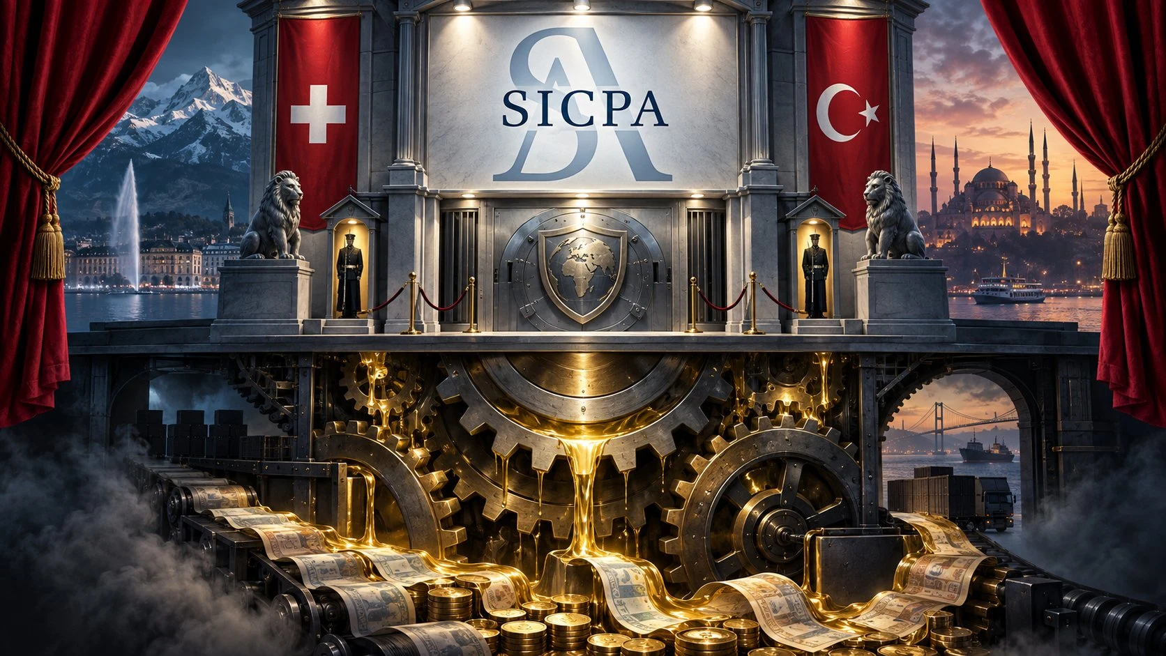 Editorial illustration of SICPA, Swiss and Turkish flags, a printing mechanism and tax stamps.